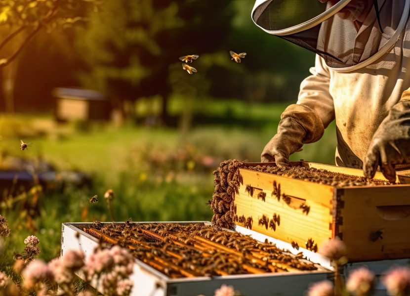 Ein Imker erntet regionalen Honig als Produkt des Hofgut Mappen in Hessen